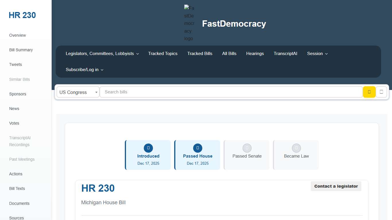 Bill tracking in Michigan - HR 230 (2025-2026 legislative session) - FastDemocracy